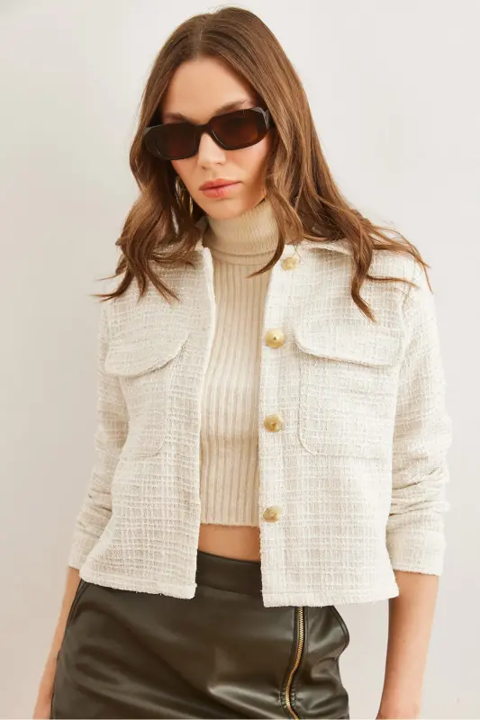 Women's Ecru Pocket Button Glitter Detail Tweed Jacket - 2