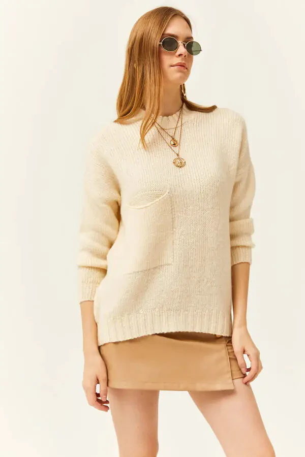 Women's Ecru Pocket Detailed Soft Textured Oversized Knit Sweater KZK-19000767 - 4