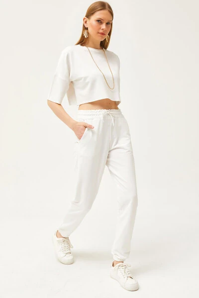 Women's Ecru Pocket Elastic Waist Jogger Pants EŞF-00000066 - OLALOOK