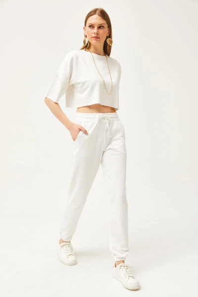 Women's Ecru Pocket Elastic Waist Jogger Pants EŞF-00000066 - OLALOOK (1)