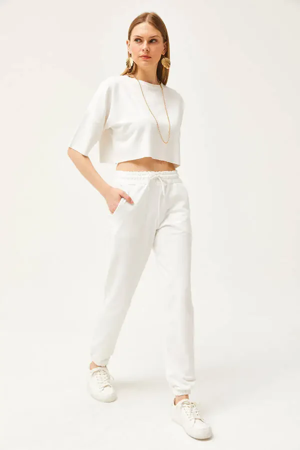 Women's Ecru Pocket Elastic Waist Jogger Pants EŞF-00000066 - 2