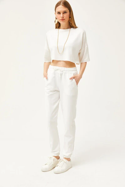 Women's Ecru Pocket Elastic Waist Jogger Pants EŞF-00000066 - 3