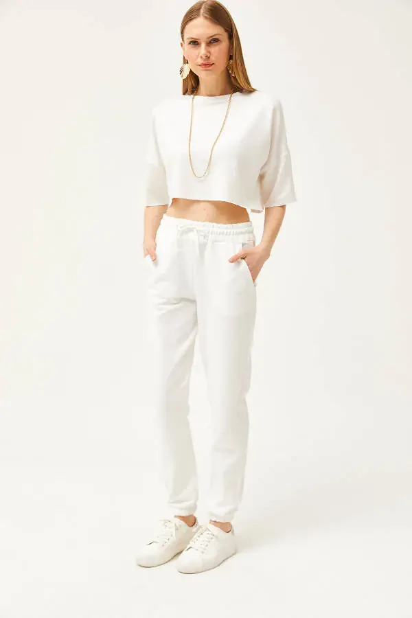 Women's Ecru Pocket Elastic Waist Jogger Pants EŞF-00000066 - 3