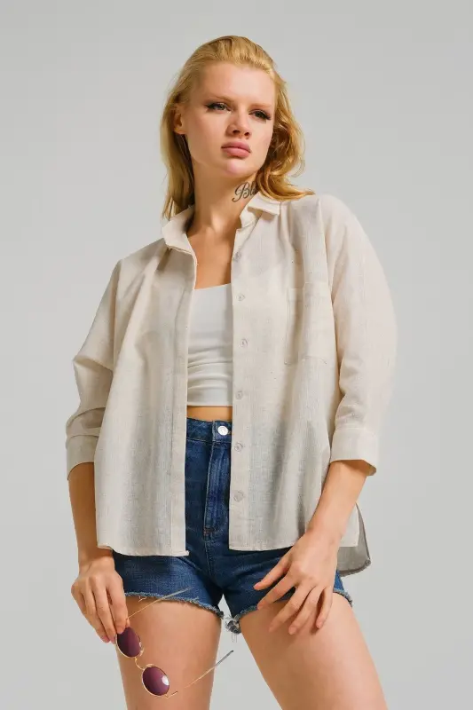Women's Ecru Pocket Loose Linen Shirt ARM-21Y001035 - 2