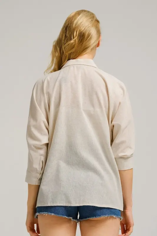 Women's Ecru Pocket Loose Linen Shirt ARM-21Y001035 - 3