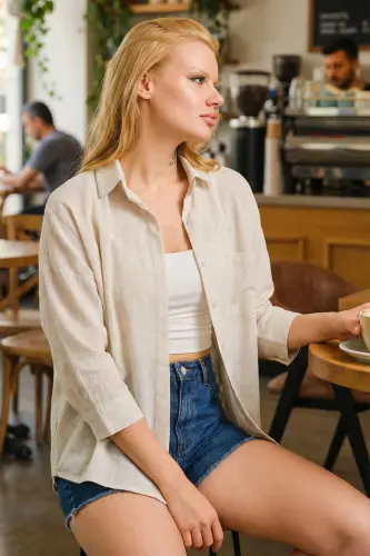 Women's Ecru Pocket Loose Linen Shirt ARM-21Y001035 - 4