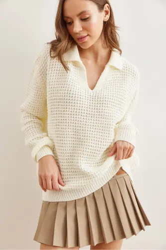 Women's Ecru Polo Neck Honeycomb Knit Sweater KZK-19000826 - Ecru - 2