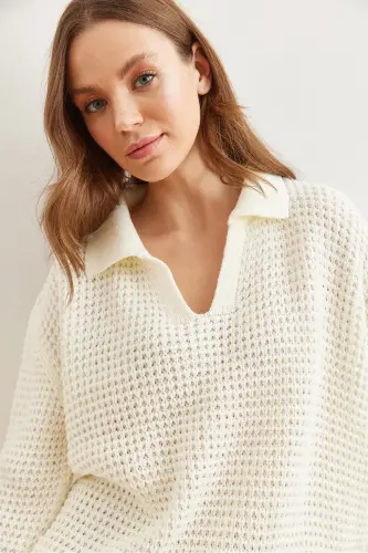 Women's Ecru Polo Neck Honeycomb Knit Sweater KZK-19000826 - Ecru - 5