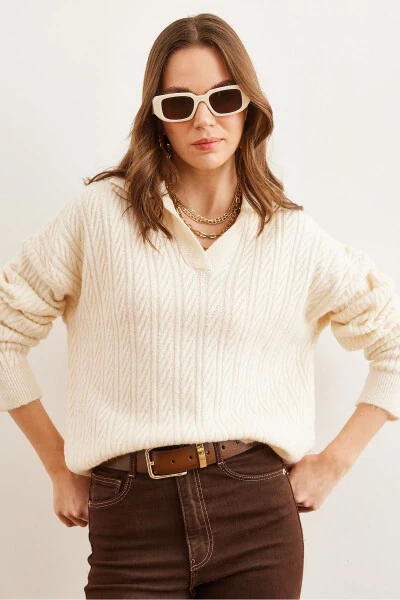 Women's Ecru Polo Neck Knitted Tunic Sweater KZK-19000881 - OLALOOK (1)