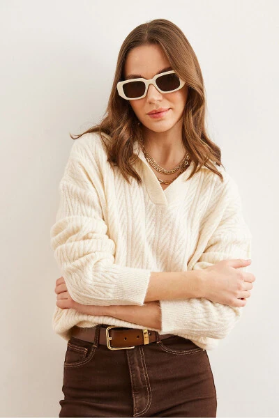 Women's Ecru Polo Neck Knitted Tunic Sweater KZK-19000881 - 3