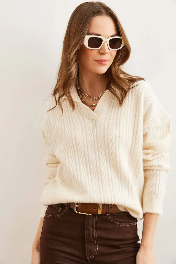 Women's Ecru Polo Neck Knitted Tunic Sweater KZK-19000881 - 4