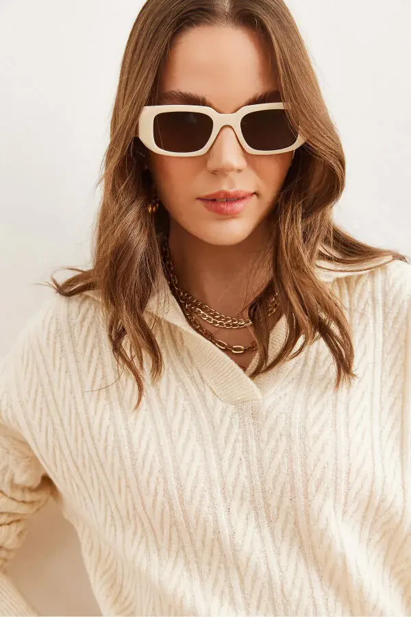 Women's Ecru Polo Neck Knitted Tunic Sweater KZK-19000881 - 5