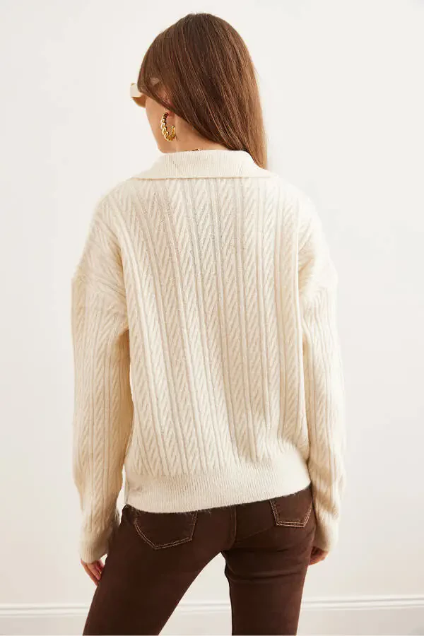 Women's Ecru Polo Neck Knitted Tunic Sweater KZK-19000881 - 6