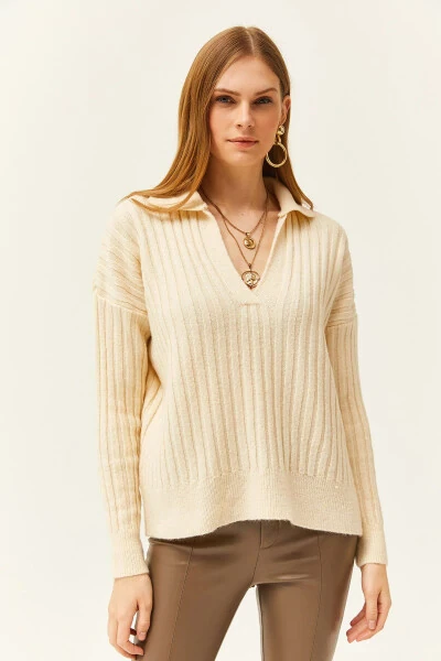 Women's Ecru Polo Neck Thick Ribbed Soft Textured Sweater KZK-19000764 - 6