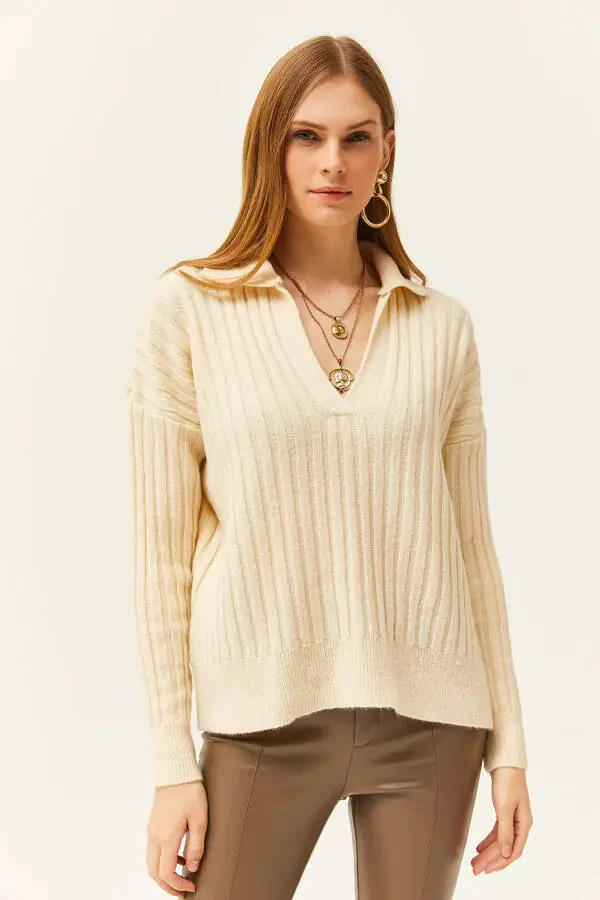 Women's Ecru Polo Neck Thick Ribbed Soft Textured Sweater KZK-19000764 - 6