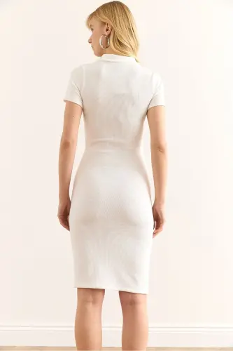 Women's Ecru Polo Neck Zippered Slim Ribbed Dress - 6