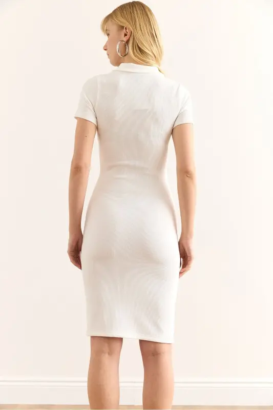 Women's Ecru Polo Neck Zippered Slim Ribbed Dress - 6