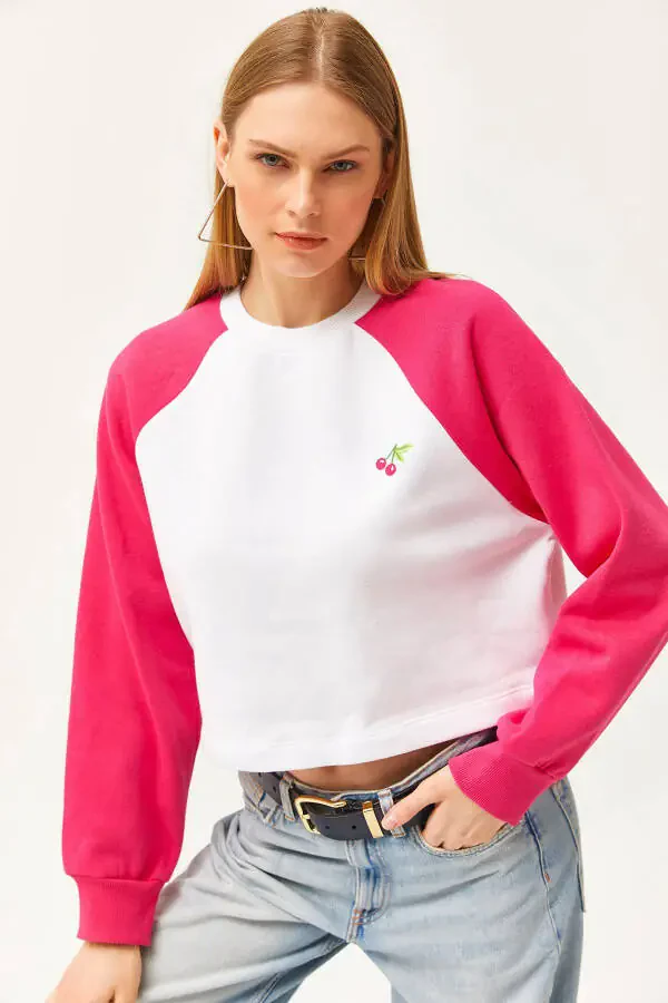 Women's Ecru Raglan Sleeve Cherry Embroidered Crop Sweatshirt SWT-19000651 - 1