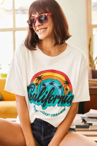 Women's Ecru Rainbow Printed T-Shirt TSH-19000519 - 1