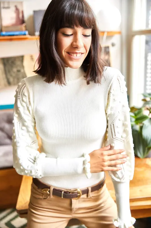 Women's Ecru Ribbed Knitted Sweater with High Neck and Sleeve Detail KZK-19000383-Ecru - OLALOOK