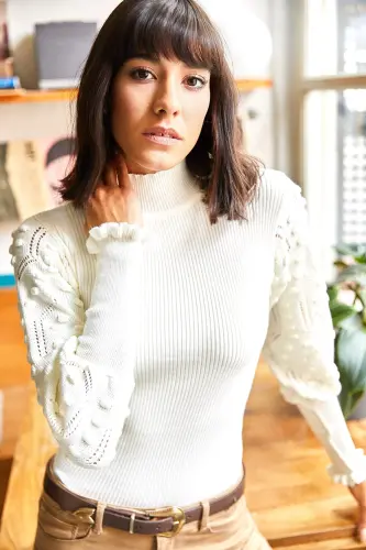Women's Ecru Ribbed Knitted Sweater with High Neck and Sleeve Detail KZK-19000383-Ecru - 4