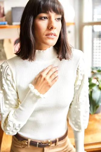Women's Ecru Ribbed Knitted Sweater with High Neck and Sleeve Detail KZK-19000383-Ecru - 5