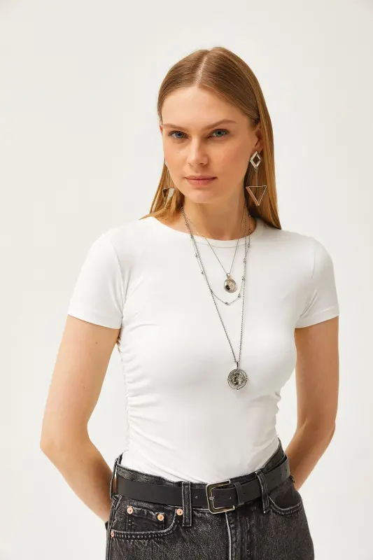 Women's Ecru Ruched Side Soft Touch Crop T-Shirt - 5