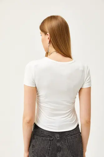 Women's Ecru Ruched Side Soft Touch Crop T-Shirt - 6