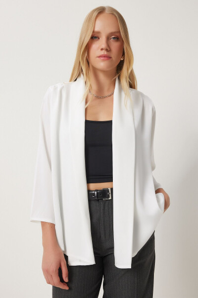 Women's Ecru Shawl Collar Elegant Satin Surface Jacket MC00291 - 3