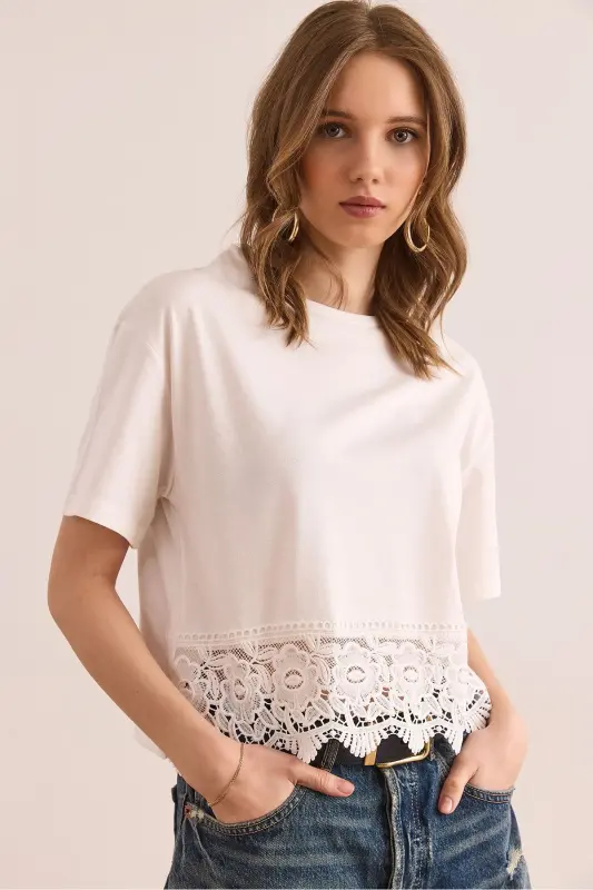 Women's Ecru Skirt Lace Detailed T-Shirt TSH-19000873 - 4