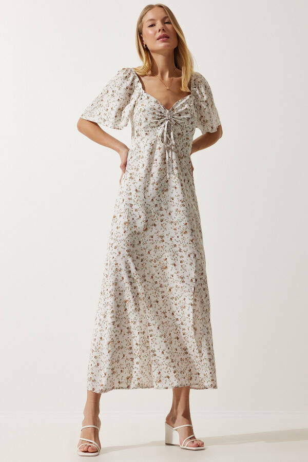 Women's Ecru Slit Detailed Flounced Viscose Dress U - 1