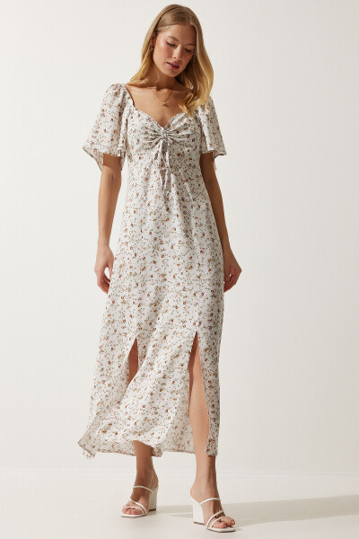 Women's Ecru Slit Detailed Flounced Viscose Dress U - 3