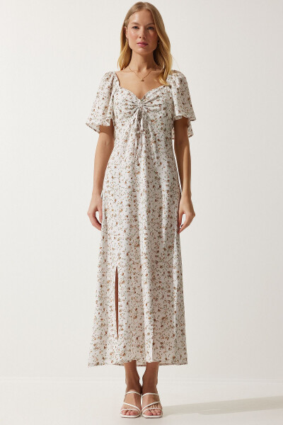 Women's Ecru Slit Detailed Flounced Viscose Dress U - 4