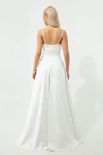 Women's Ecru Spaghetti Strap Belted Satin Long Evening & Graduation Dress-Ecru - 12