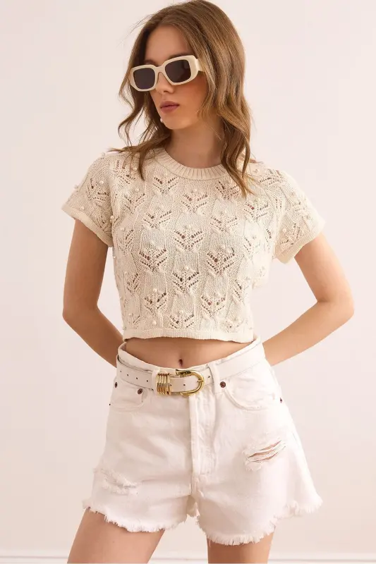 Women's Ecru Stone Detailed Backless Crop Knitted - 1