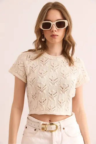 Women's Ecru Stone Detailed Backless Crop Knitted - OLALOOK (1)