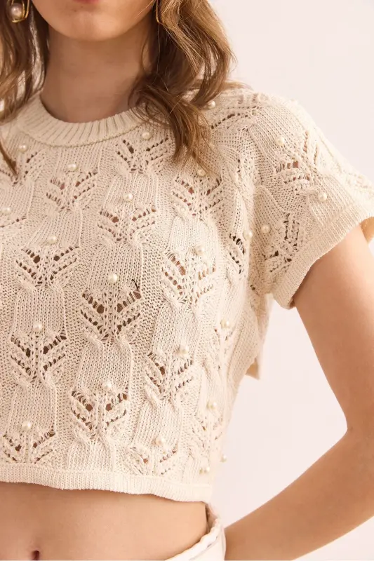 Women's Ecru Stone Detailed Backless Crop Knitted - 5