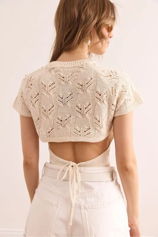 Women's Ecru Stone Detailed Backless Crop Knitted - 6