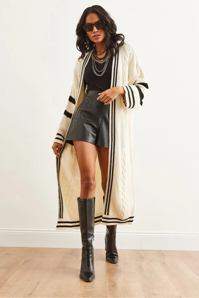Women's Ecru Stripe Detail Maxi Oversize Knit Cardigan - OLALOOK (1)