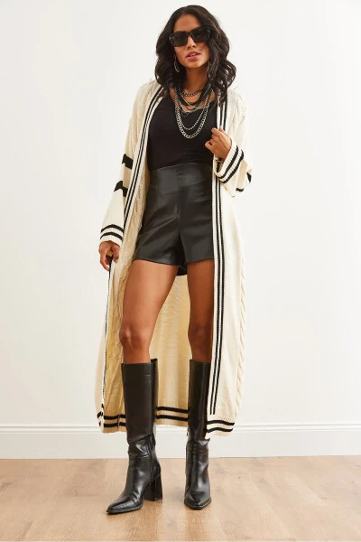Women's Ecru Stripe Detail Maxi Oversize Knit Cardigan - 5