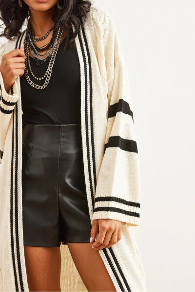Women's Ecru Stripe Detail Maxi Oversize Knit Cardigan - 6