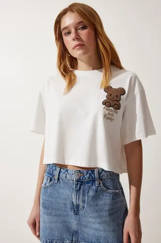Women's Ecru Teddy Bear Crest Crop Knitted T-Shirt HF00455-Ecru - 1