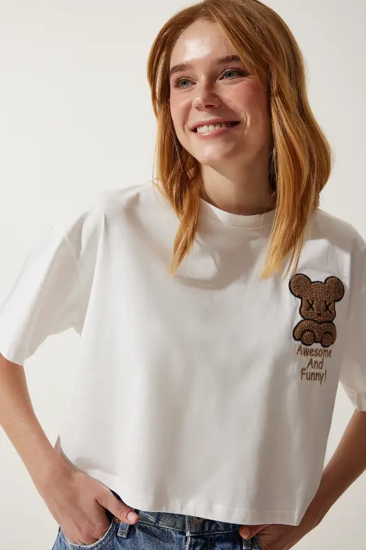 Women's Ecru Teddy Bear Crest Crop Knitted T-Shirt HF00455-Ecru - 2