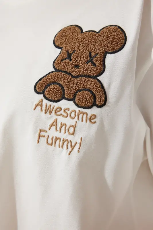 Women's Ecru Teddy Bear Crest Crop Knitted T-Shirt HF00455-Ecru - 5