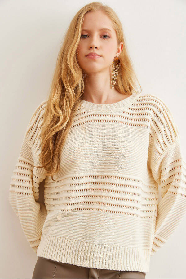 Women's Ecru Textured Ribbon Detail Knitwear Sweater KZK-19000808 - 1