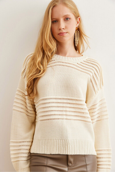 Women's Ecru Textured Ribbon Detail Knitwear Sweater KZK-19000808 - OLALOOK (1)