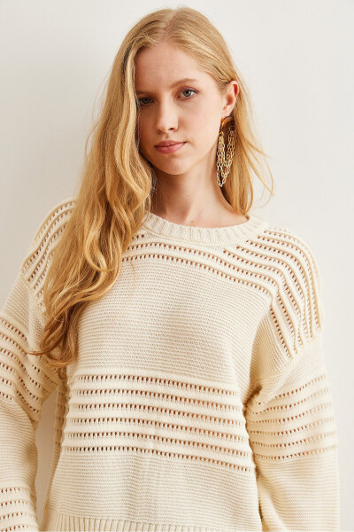 Women's Ecru Textured Ribbon Detail Knitwear Sweater KZK-19000808 - 5