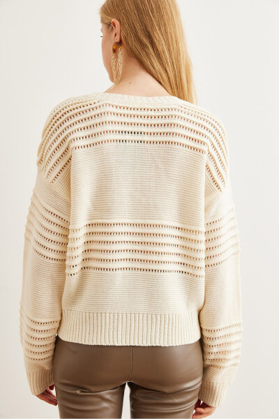 Women's Ecru Textured Ribbon Detail Knitwear Sweater KZK-19000808 - 6