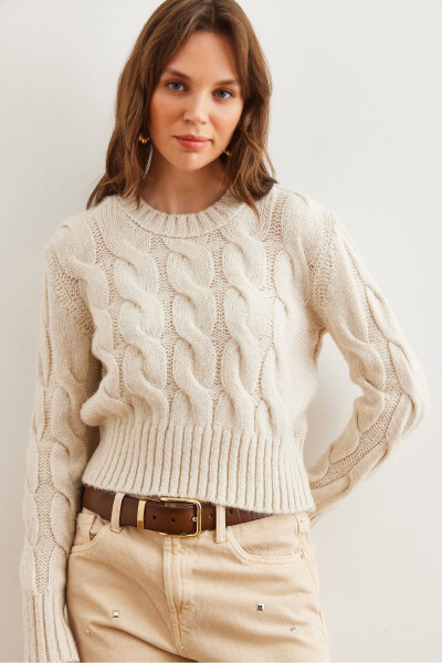 Women's Ecru Thick Cable Knit Sweater KZK-19000939 