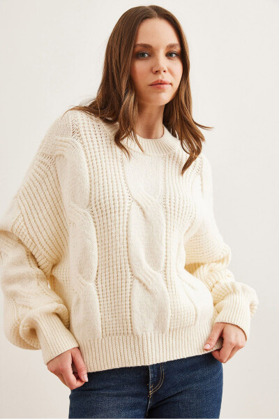 Women's Ecru Thick Hair Knitted Soft Textured CardiganKZK-19000902 - OLALOOK (1)